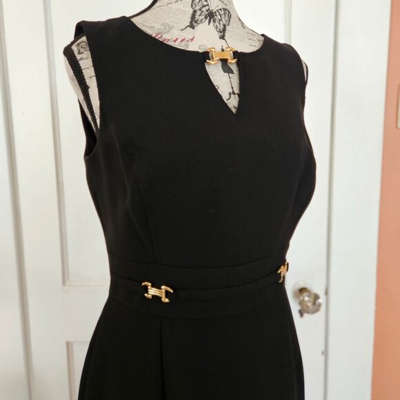 Tahari Black Sheath Pencil Dress with Gold Embellishments S-4 - Picture 1 of 6